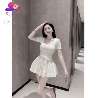 Váy cổ vuông dáng ngắn phối nơ buộc