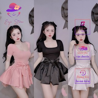 Váy cổ vuông dáng ngắn phối nơ buộc