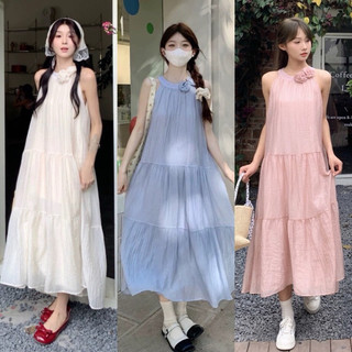 [V1.651] Váy Maxi Đũi Nhăn Cổ Yếm 2 Lớp Đính Hoa Dáng Dài 3 Màu Siêu Xinh (kèm ảnh thật)