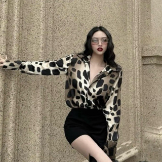 Áo Sơ Mi Nữ Tay Dài, Áo Công Sở phong cách Hàn Quốc hoạ tiết Beo nâu nhỏ Lụa Latin form dài Giấu Quần đến 67kg