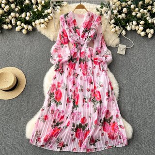 #4846 [Sẵn một số màu] Đầm thời trang nữ Quảng Châu dài tay xếp ly tiểu thư váy hoa nhí ngọt ngào eo chun