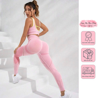 Bộ tập gym, yoga hồng viền vàng áo 2 dây quần dài (Hàng Auth)