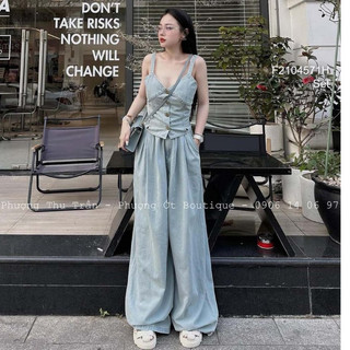 Set jean áo croptop cổ vuông phối nút+ chân váy jean dáng dài tôn dáng!