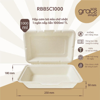 50 hộp bã mía chữ nhật Gracz 1 ngăn 1000ml nắp liền dùng 1 lần COGI sử dụng được trong lò vi sóng.