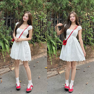 [NEW]Đầm babydoll ren hoa thô dây rút ngực- Váy babydoll ren xô thêu hoa dáng ngắn mang 2 kiểu style Ulzzang