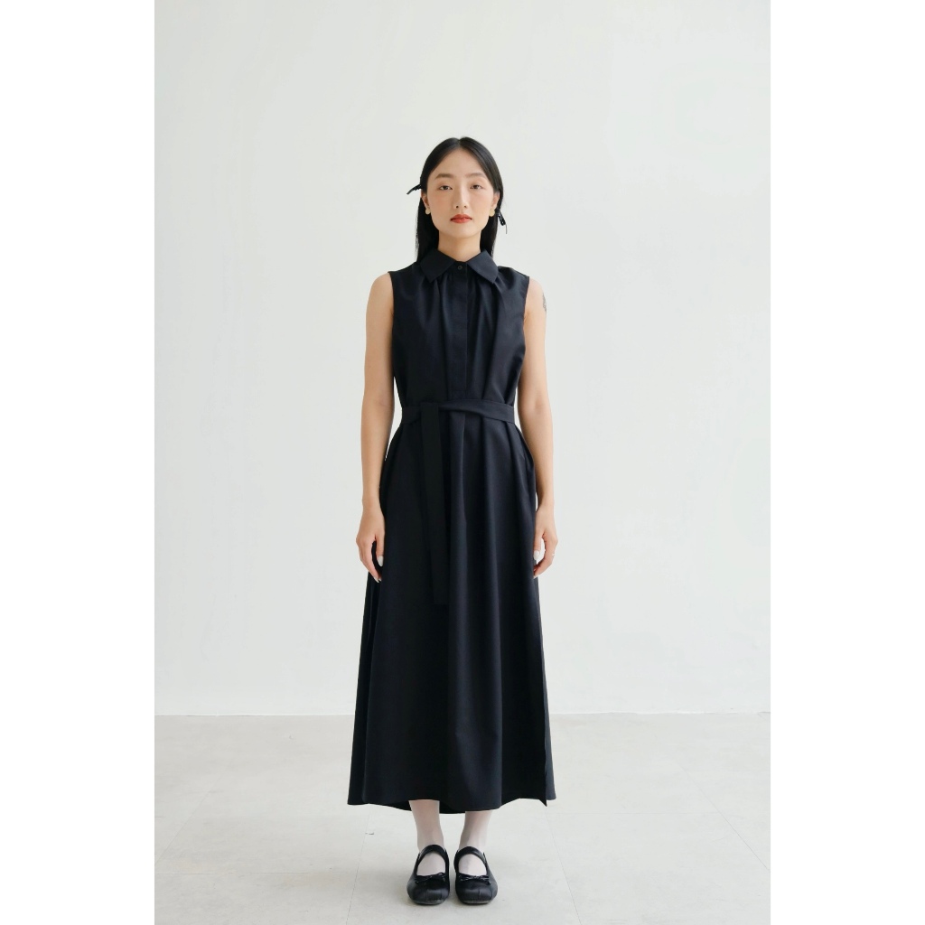 Chicka Chicka - Đầm sơ mi cotton dáng maxi sát nách màu đen