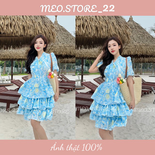 Váy xoè công chúa hoạ tiết 3 tầng có nơ cổ, cổ von hàng cao cấp đi biển, đi chơi tiệc sang chảnh