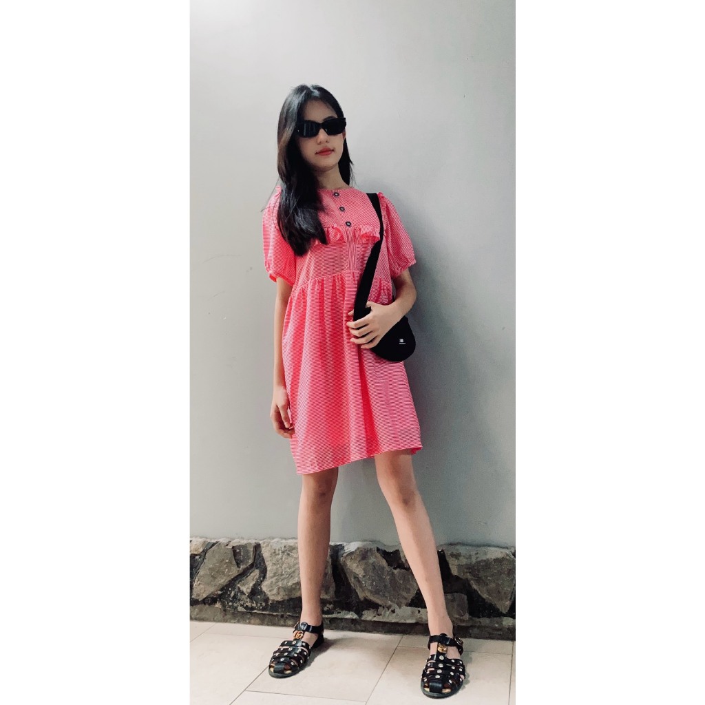 7242T Đầm bèo ngực sọc đỏ