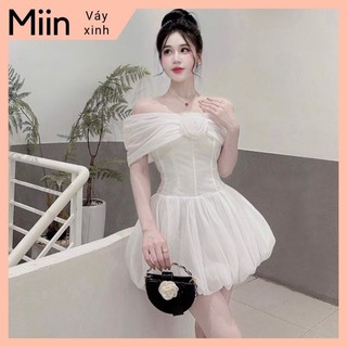 Váy tapta trễ vai cuộn hoa chân tơ bom