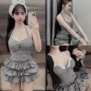 Set áo cổ yếm phối ren kèm chân váy phối nhiều tầng