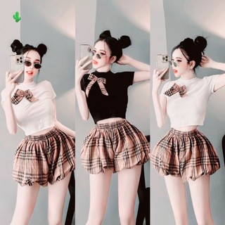Set bộ áo thun đính nơ kèm quần sort dáng trái bí