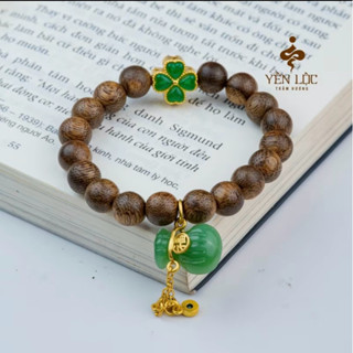 Vòng Trầm Đơn charm cỏ 4 lá kèm charm túi tiền treo - Tặng Hộp Gấm