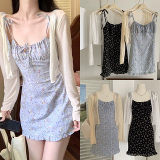 Váy-Đầm 2 Dây Hoa Nhí Cột Nơ Ngực viền bèo 2 lớp style Ulzzang