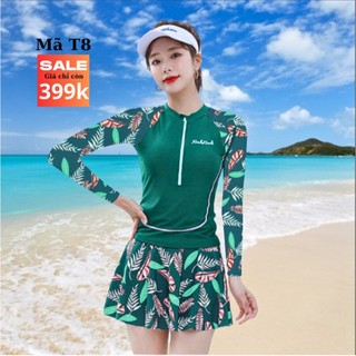 Đồ bơi dài tay 2 mảnh tránh lộ bụng, tôn dáng, váy chữ A