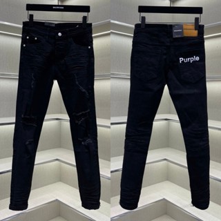 Quần jean bò nam Purple slimfit đen rách tua hai gối phối dập nhăn 3D in chữ túi sau 4 cúc basic QJ537P