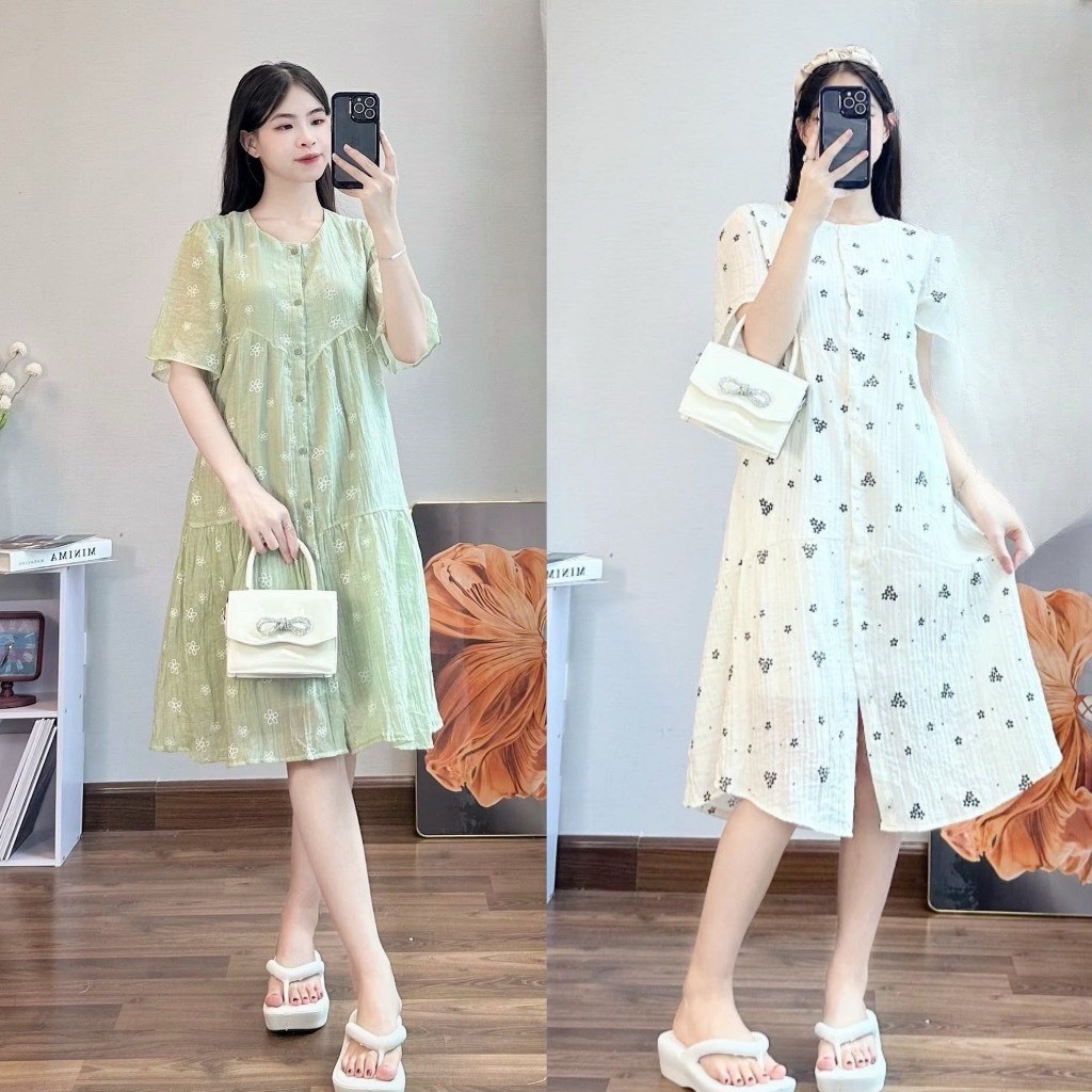 Váy Bầu tơ voan 2 màu xanh và trắng, 2 lớp vải mềm mịn mát cực xinh xắn,phù hợp đi làm,đi chơi,quà tặng