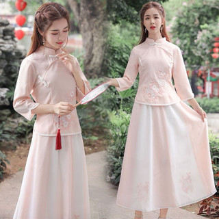 Có ảnh thật Set Áo + váy kiểu trung hoa cổ trang cổ phục hán phục trà đạo đồng phục spa
