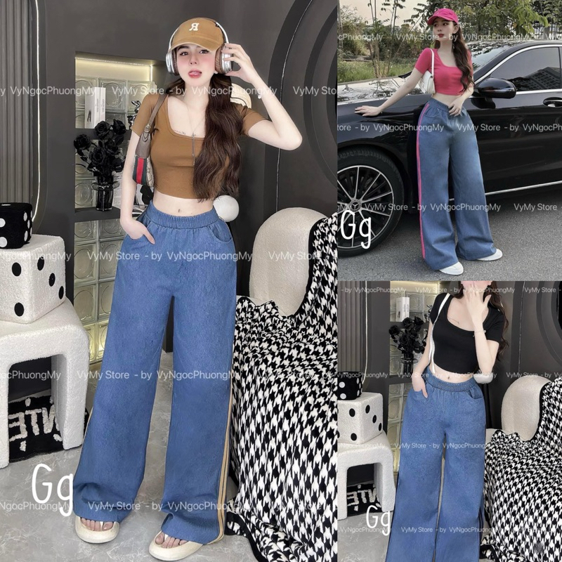 Set Bộ Áo Thun Croptop Tay Ngắn Cổ Vuông + Quần Jeans Ống Xuông Rộng Viền Màu