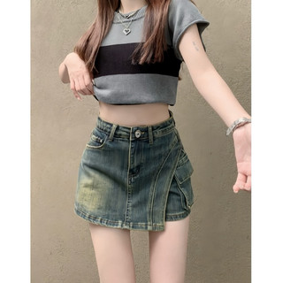 Chân váy bò denim màu xanh wash có túi hộp chéo snupi