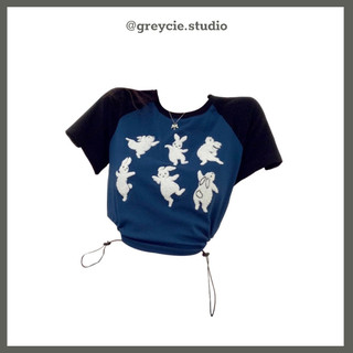 GREYCIE Áo croptop xanh dương áo thun nữ rút dây hình thỏ trắng tôn da ôm dáng S0A10
