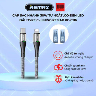 Cáp sạc nhanh 30W tự ngắt thông minh, đèn led REMAX Type C to L Smart Power-off Fast Charging Data Cable RC-C116