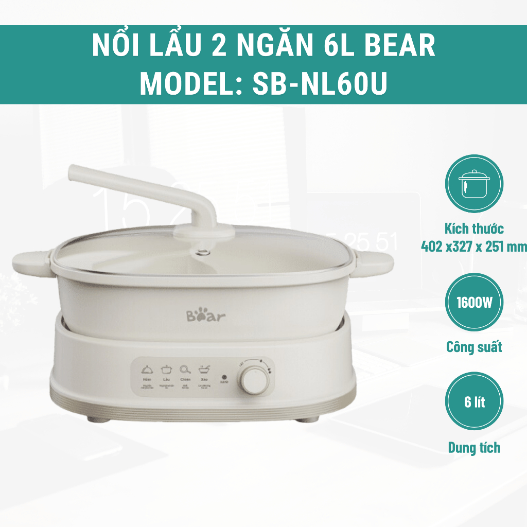 Nồi Lẩu Bear 2 Ngăn SB-NL60U, Dung Tích 6L Thiết Kế 4 Chức Năng