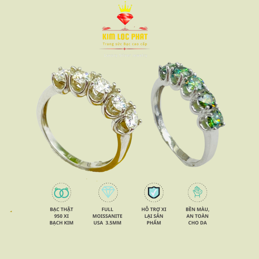 Nhẫn bạc xi bạch kim 5 hột Moissanite màu trắng, Nhẫn kim cương nhân tạo moissanite màu xanh 3li5