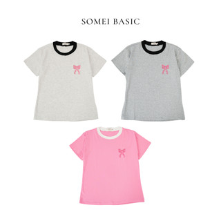 Áo thun baby tee form ôm phối cổ tròn thêu nơ hồng vải cotton tay ngắn thời trang mua hè
