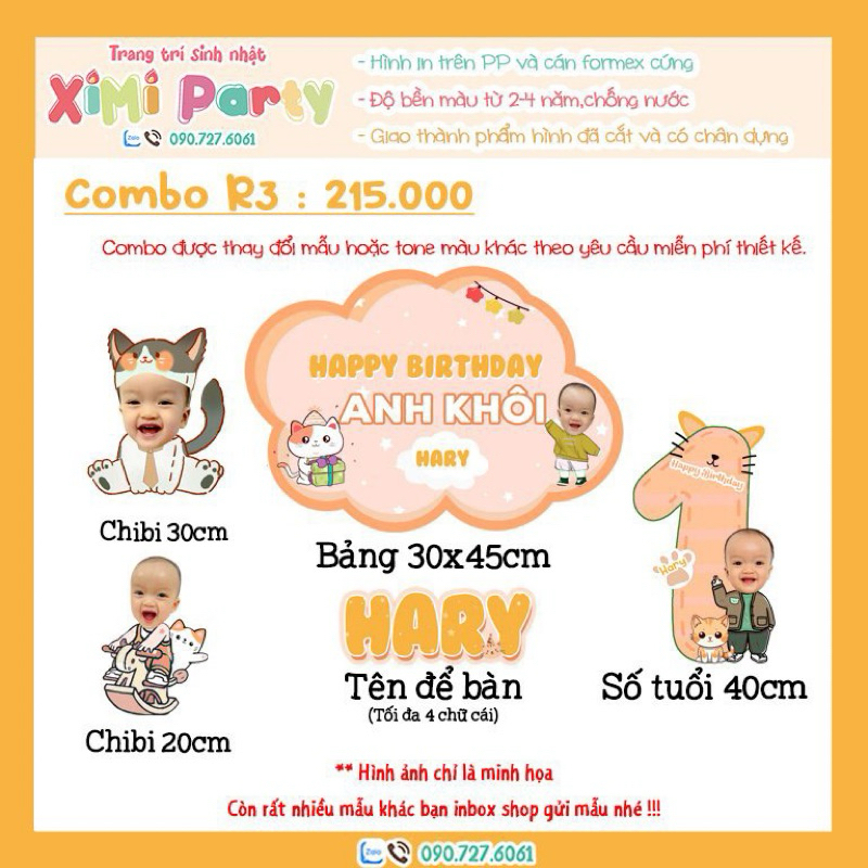 Set combo hình chibi trang trí sinh nhật cho bé