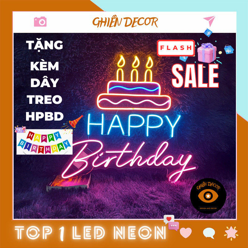  Bảng Đèn Cầm Tay Led Neon Happy Birthday   có gắn pin sẵn phía sau khung đèn | Ghiền Decor trang trí tiệc sinh nhật,... 