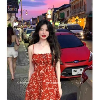 Đầm 2 dây Hoa nhí Màu Đỏ Dáng xòe ngắn Sexy Đi biển Mùa Hè Váy đầm ngắn hai dây Đi biển Buộc dây ngực