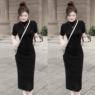Đầm thun gân ôm body nhún sườn tay ngắn gblzmt