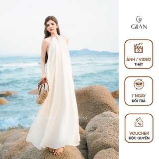  Váy đi biển maxi Giian thiết kế cổ tròn dáng yếm hở lưng thêu họa tiết hoa vải thô mềm mại - VA0789