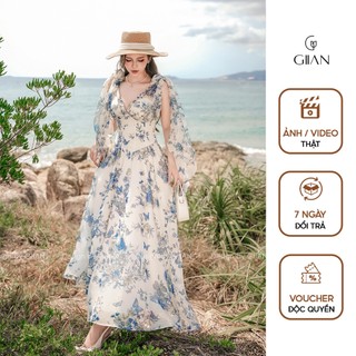  Váy đi biển maxi Giian dáng dài nhún eo cúp ngực phối dây cổ cách điệu vải tơ mềm mịn - VA0795