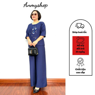Đồ bộ trung niên nữ chất Đũi cao cấp, Bộ đồ cho mẹ cổ tròn tay cộc, họa tiết thêu ngực sang trọng cho quý bà