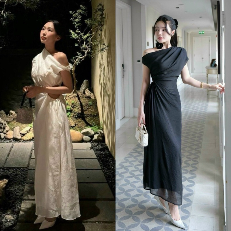 ĐẦM MIDI LỆCH VAI KHOÉT EO (KÈM VIDEO HÌNH THẬT)