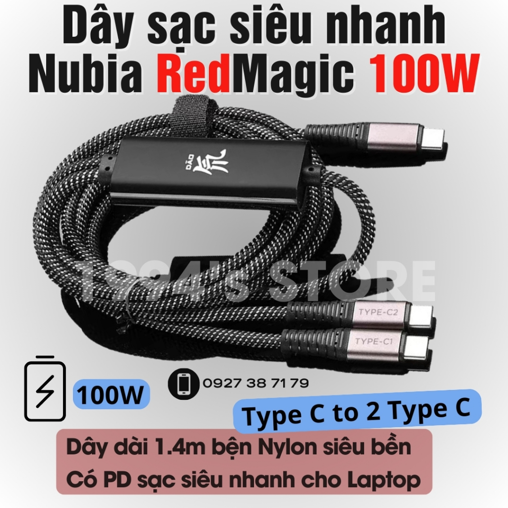 Dây cáp sạc siêu nhanh 100W Type C to 2 Type C Nubia Red Magic - 2 đầu Type C có PD 3.1 sạc siêu nhanh cho Laptop 100W