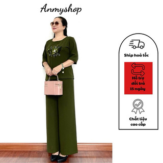 Đồ bộ trung niên nữ Chất đũi cao cấp, Bộ đồ cho mẹ họa tiết thêu hoa ngực, tay lỡ, Form xuông dành cho quý bà