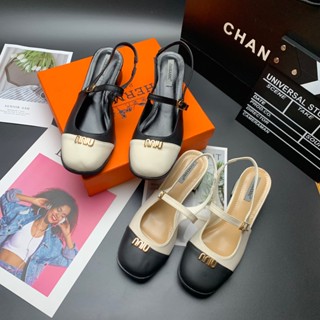 Giày nữ gót vuông 5cm da tuyết nhung mềm, giày sandal búp bê gắn chữ miu nữ tính "A12"