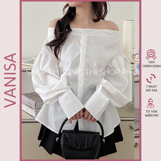 Áo sơ mi trễ vai nữ kiểu tay dài trắng công sở xinh đẹp VANISA SM038