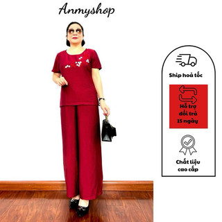 Đồ bộ trung niên nữ Đũi cao cấp, Bộ đồ cho mẹ cổ tròn tay cộc, họa tiết thêu hoa sắc nét sang trọng
