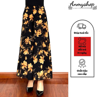 Quần nữ trung niên Anmyshop, quần sớ váy ống rộng họa tiết hoa dáng dài, chất liệu lụa hàn cao cấp