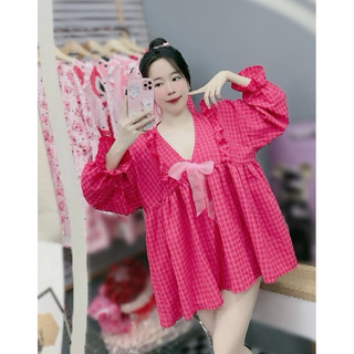 Set áo babydoll caro kèm quần bèo