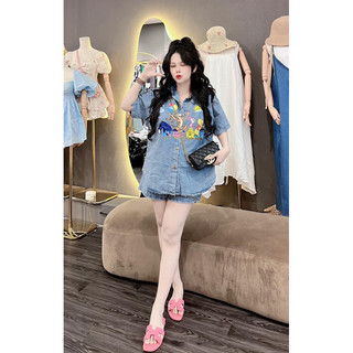 Set bộ jean sơ mi phối cổ in hoạt hình phom suông kèm quần short trẻ trung freesize dứoi 65kg