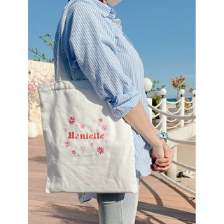 Túi tote vải canvas thêu tên và họa cúc nhí đủ màu, túi tote nữ, túi tote đi học