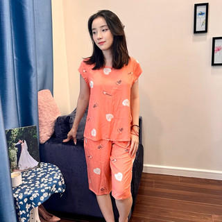 Bộ lanh quần lửng mặc nhà màu cam hoạ tiết chất mềm mát