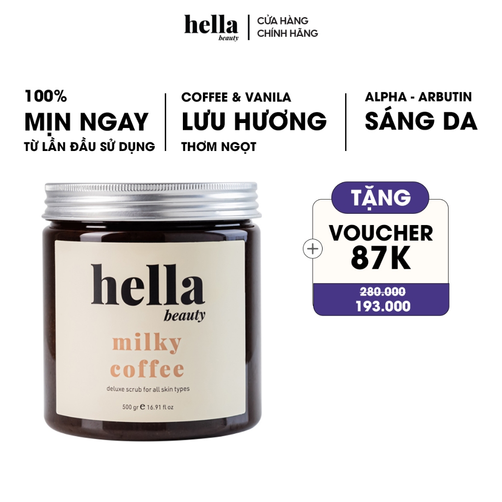 Tẩy Tế Bào Chết Body Cà Phê Hữu Cơ 500g Hella Beauty Giúp Dưỡng Trắng Da Toàn Thân, Giảm Mụn Mờ Thâm