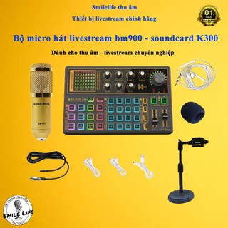 Mic thu âm livestream bm900 sound card k300 - bộ thu âm sound card k300 autotune bluetooth Chân kẹp Tai Nghe