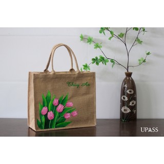 Túi cói quai cói vẽ hoa tulip hồng