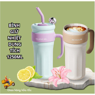Bình giữ nhiệt Believe Me dung tích lớn 1250ml lõi inox 316 nắp xoay có ống hút có tay cầm tiện lợi
